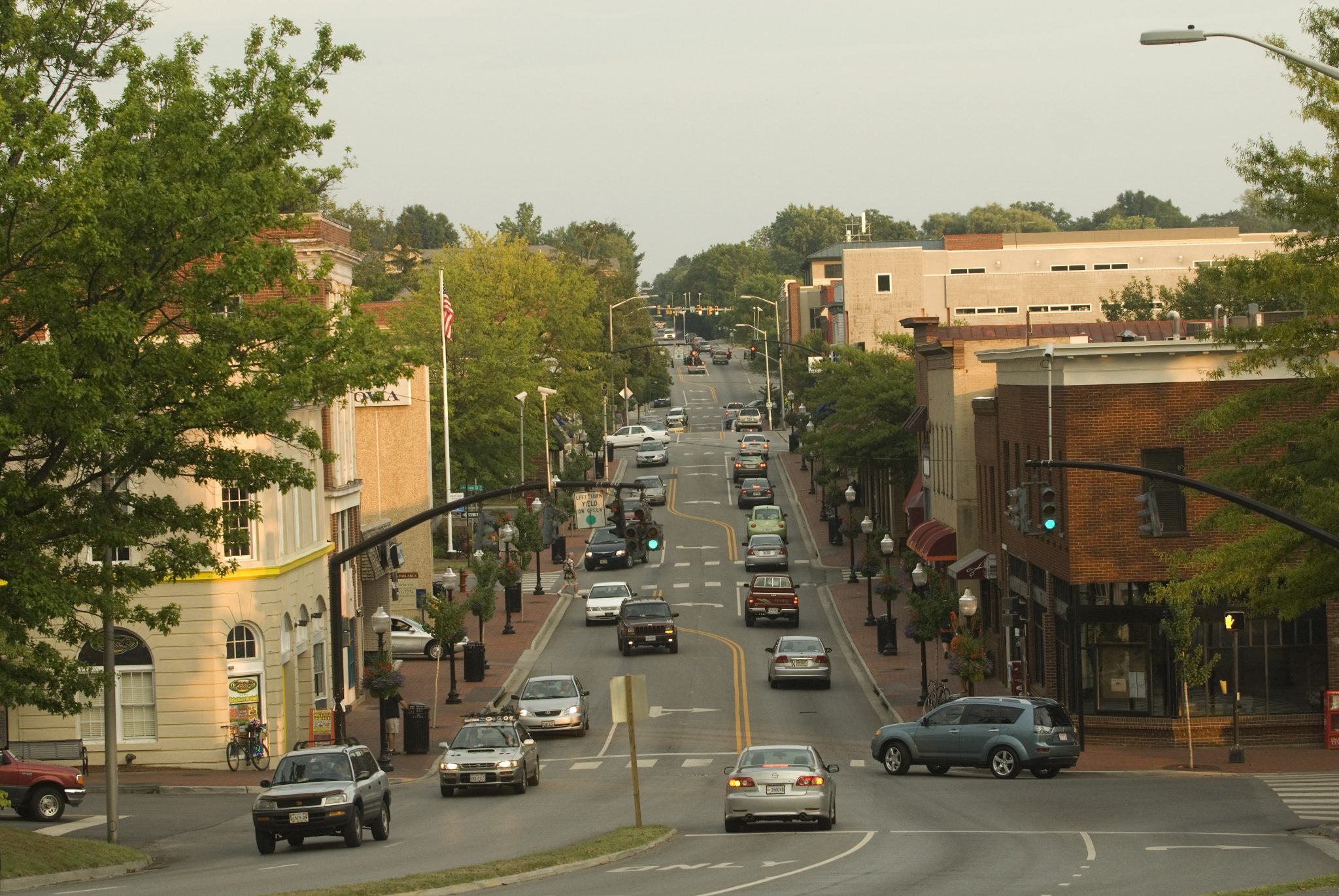 Looking down main street in downtown Blacksburg in Montgomery County, VA